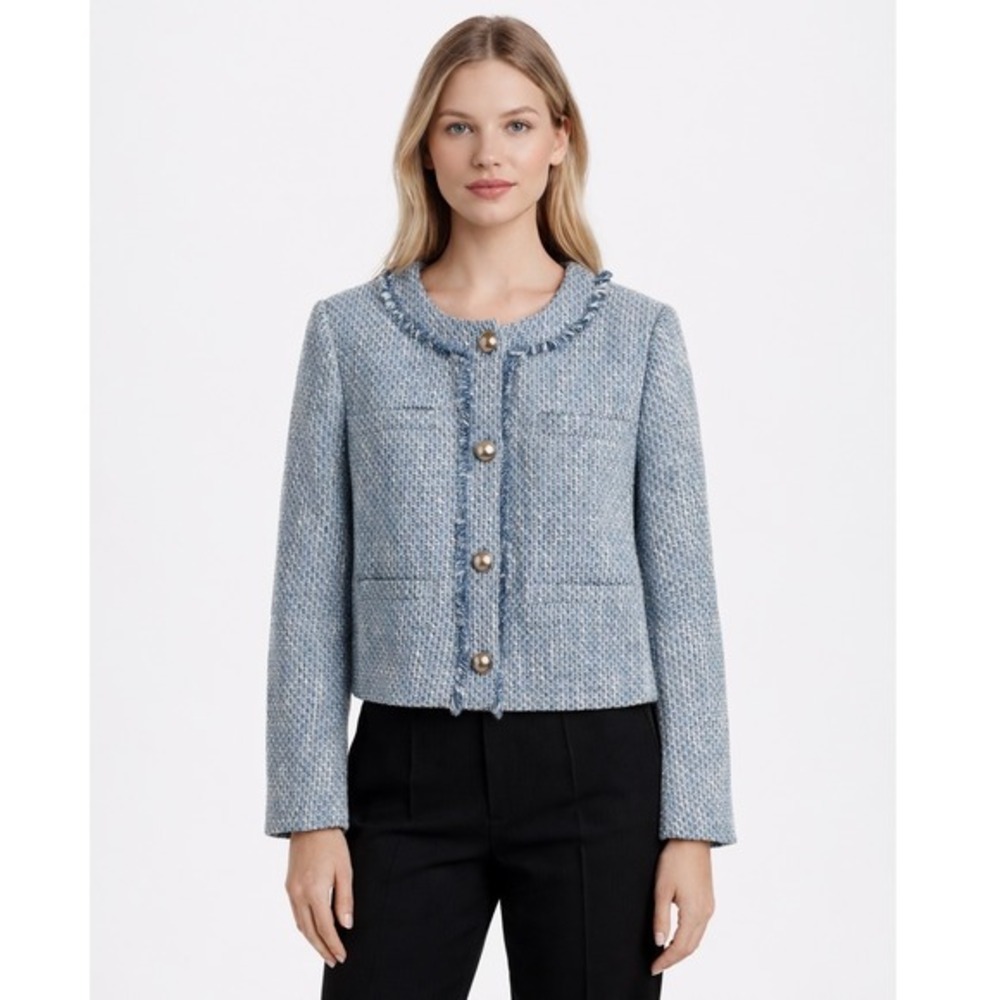 LOFT Tweed‎ Jacket Blue White Fringe Collar Button Front Cropped L  Preppy 50-42